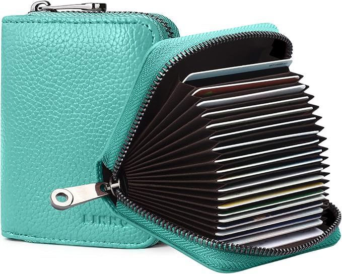 Linno RFID 20 Slots Credit Card Holder Genuine Leather Small Wallet for Women or Men with Zipper