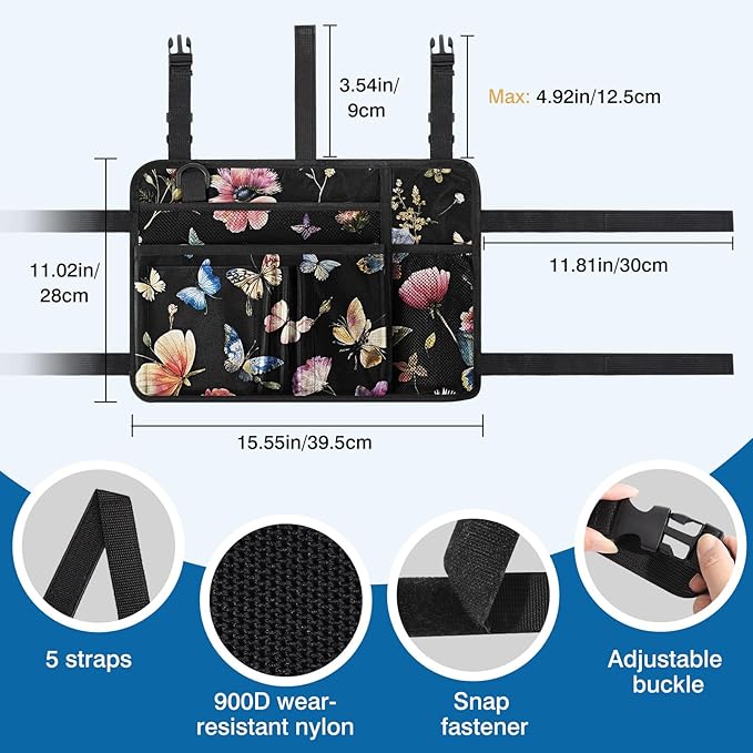 MoKo Walker Bag, Walker Basket with Water Cup Holder, Accessories for Seniors with Multiple Pockets and Zippered Compartment, Storage Pouch for Rolling Folding Walkerm, Black & Butterfly