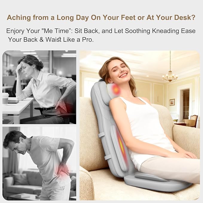 Rainwolf Shiatsu Neck and Back Massage Cushion with Heat - 4D Deep Tissue Kneading Full-Back Massager for Relief Stress, Adjustable Intensity & Height, for Office Chair & Home