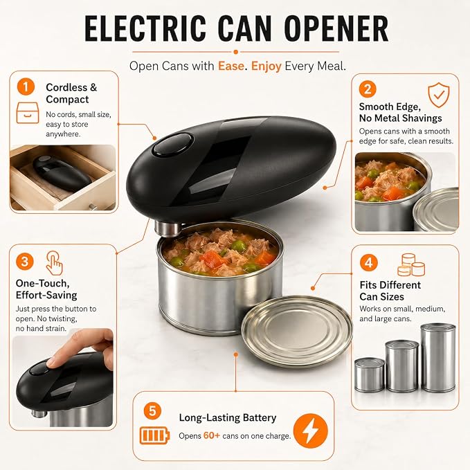 Battery Electric Can Opener, One-Touch,Hands-Free,Smooth Edge,Black,Compact | Effortless safe Automatic Fits Most Round & Square Cans Cord-Free Convenience Camping Kitchens RVs Beginner-Friendly