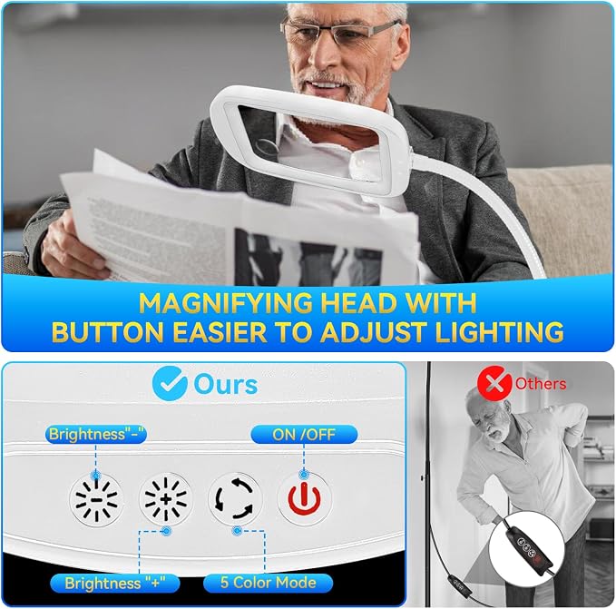 30X 10X Extra Large Floor Magnifying Glass with Light and Stand | 60 LED Flexible Gooseneck Floor Magnifying Lamp with 5 Color Modes, 2-in-1 Lighted Magnifiers for Close Work, Sewing,Crafts
