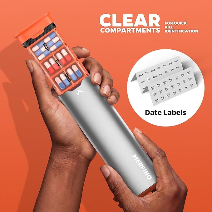 Metal 7 Day Pill Organizer 2 Times a Day-Travel Pill Box Case with Moisture-Proof Airtight Lids, Weekly AM PM Medicine Container for Vitamins, Fish Oil, Supplements and Medications (Silver)