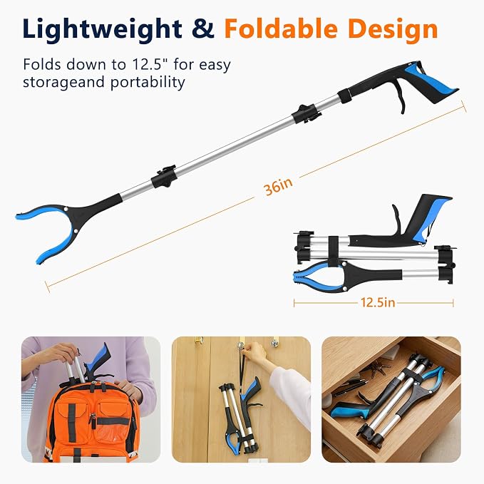 36 Inch Foldable Grabber Reacher Tool, 2 Pack for Seniors | Standing aid, grabbers for seniors 5'5"-5'10". Aluminum, folds to 12.5 in, reaches 36 in. Reacher grabber pickup tool, 2-pack