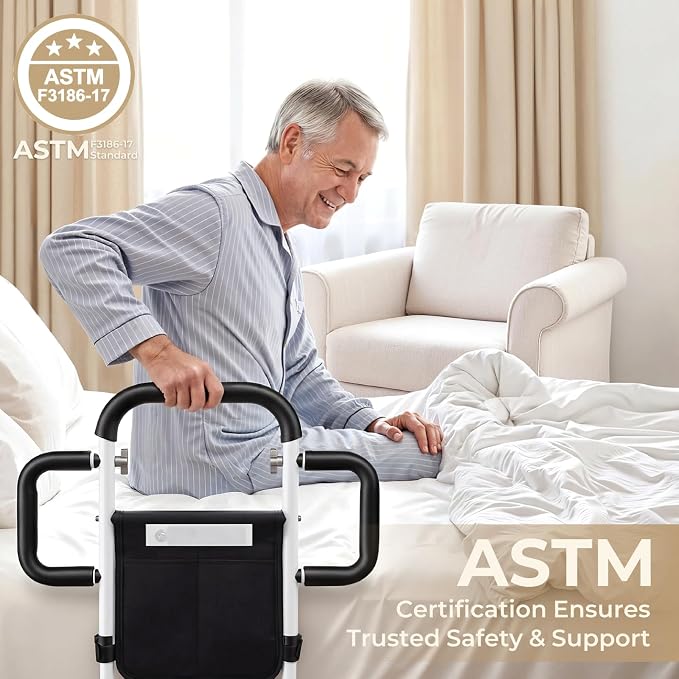 Bed Rails for Elderly Adults Safety, for 400Lbs, White | Bed Rail for Seniors with Motion Sensor Light, Height Adjustable Bed Assist Bar, Non-Slip Handle, Storage Bag