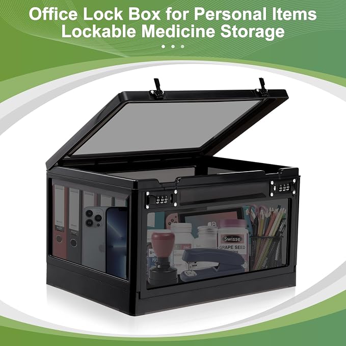 Medicine Lock Box Large for Refrigerator, Locked Storage Bin with 2 Combination Locks, Clear Locking Box for Safe Medication, Food, Snacks & Phone, for Home & Office Organizer 24L (Black)
