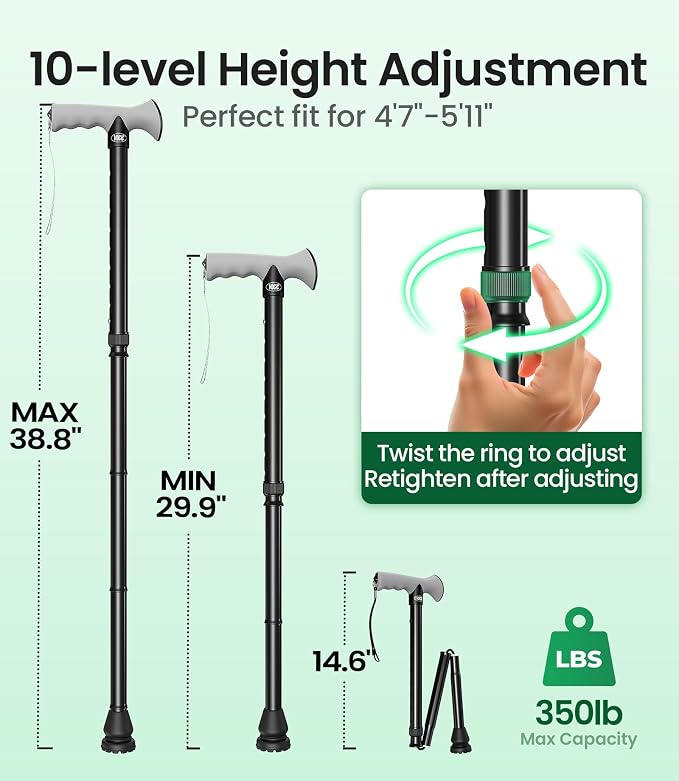 VOCIC Walking Cane for Men & Women, 10 Level Adjustable, 350lb Heavy Duty, Foldable & Collapsible Cane with Shock-Absorbing Tip & Travel Bag, Walking Sticks for Seniors & Adults