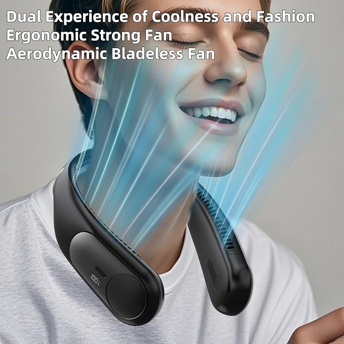 Portable Neck Fan, Personal Wearable Bladeless Fan for Outdoor Indoor, LED Display, 360° Cooling, 4-Speeds, 6000mAh USB Rechargeable, Birthday Gifts for Men Women Dad Mom (Black)