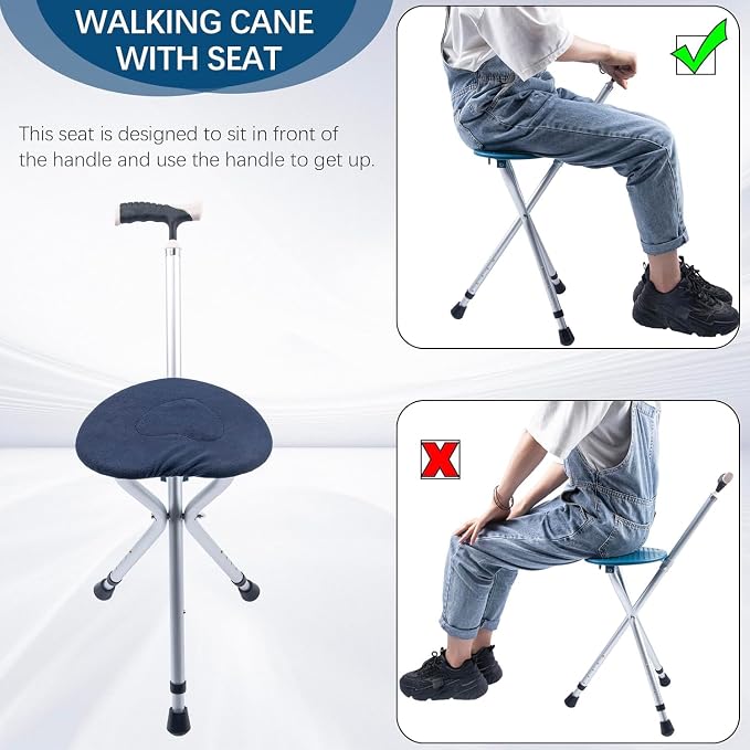 Walking Cane with Seat Cane Chair Foldable Walking Stick with Seat, Adjustable Cane Stool for Seniors Elderly, Lightweight Aluminum, Easy Carry (Blue)