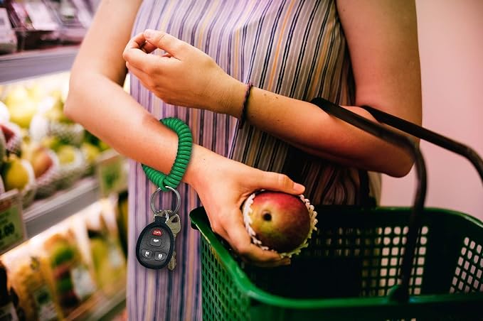 Lucky Line 2” Spiral Wrist Coil with Steel Key Ring, Flexible Wrist Band Key Chain Bracelet, Stretches To 12”, Green, 5 Pack (4104005)