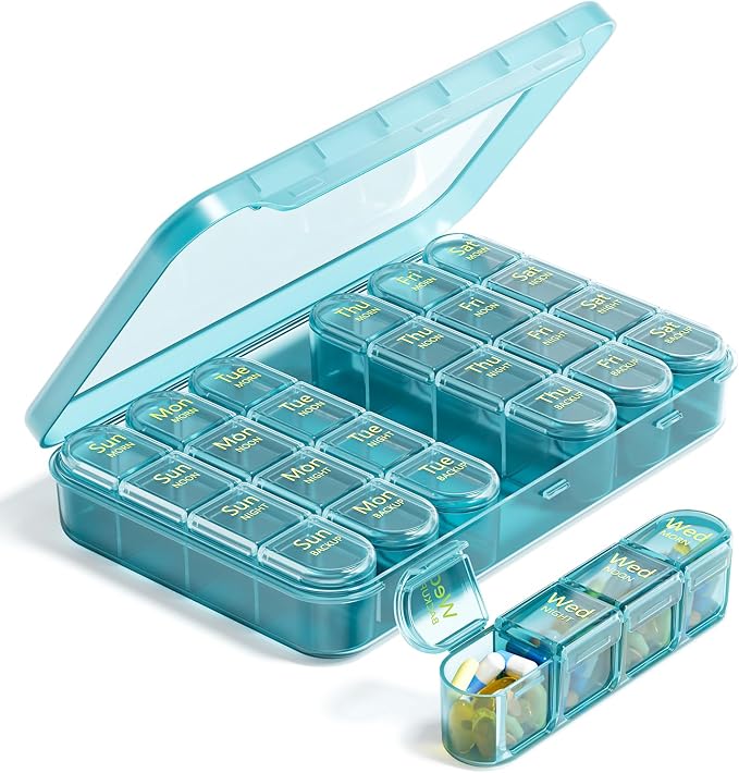 Odaro Weekly Pill Organizer 4 Times a Day, BPA Free Daily Pill Box 7 Day, Large Travel Pill Case with 28 Compartment to Hold Medicine, Vitamin and Supplement - Dark Blue