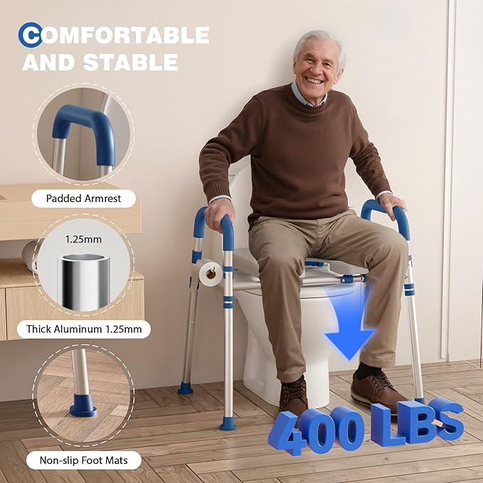 Toilet Seat Risers for Seniors, Raised Toilet Seat with Padded Handles & Seat, 400 LBS Raised Toilet Seat with Adjustable Height & Width for Pregnant, Disabled, Handicapped,(Blue)