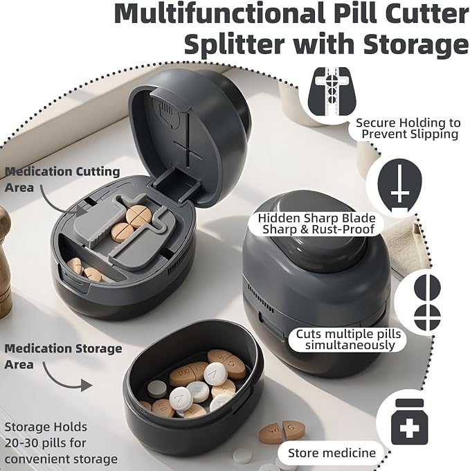 Pill Cutter Splitter with Storage Box, Adjustable Vertical Press Pill Splitter for Small/Tiny Pills Vitamins Tablets, 1/2 & 1/4 Precise Cutting, Hidden Sharp Blade, Multi-Pill Cutting Design (Black)