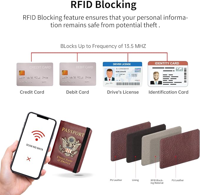 Passport Holder and Card Slot Combo RFID Blocking Leather Travel Passport Wallet for Men and Women US Passport Cover, Wine Red