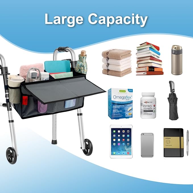 Walker Basket for Width 16"-20" Folding Walkers/Rollators, Large Capacity Walker Storage Baskets with Cup Holder, Lid & Multiple Pocket, Easy to Use Walker Tote Bag for Seniors, Gray.