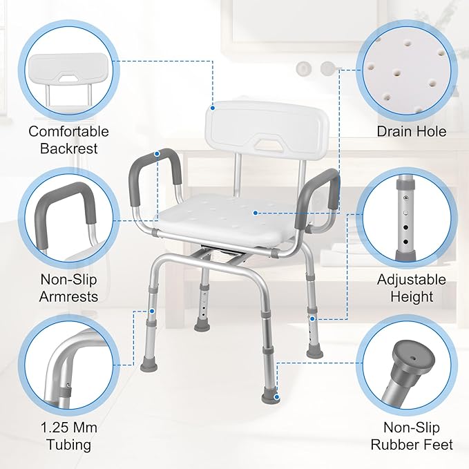 Swivel Shower Chair with Arms and Back, Heavy Duty 400lb Capacity 360° Swivel Stool for Elderly, Disabled & Bariatric Adults, for Shower & Tub, Tool-Free Height Adjustment(16.54"-19.29")