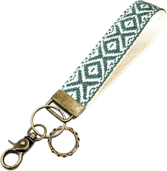 Boho Vintage Embroidered Floral plant Wristlet Keychain for Women | Cute Lanyard&Antique Brass Clasp, Lightweight Hands-Free Key Holder for keys,purses,handbags and daily outdoor use for ladies