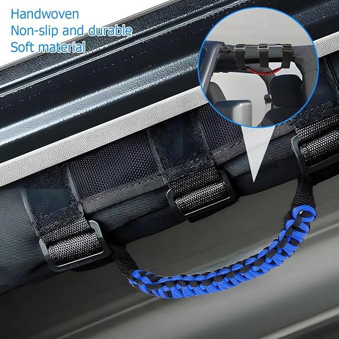 2PCS Car Roll Bar Grab Handles, Oxford Cloth American Flag ATV Paracord Grip Handle with Metal Buckle, Heavy Duty UTV Roll Cage Grab, Compatible with Wrangler JL, JT, JK (Blue)
