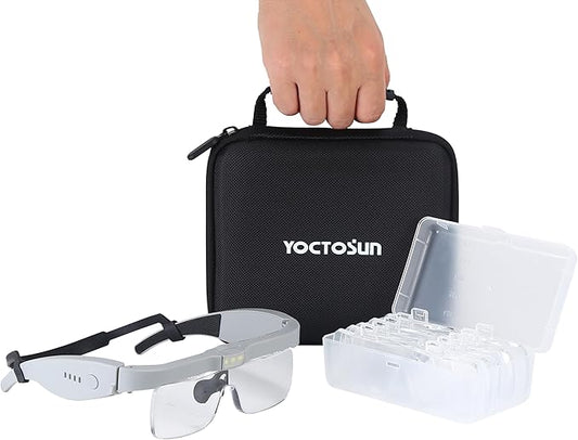 YOCTOSUN Head Magnifier Glasses with 3 LED Lights, Storage Case, Head Strap and 5 Detachable Lenses 0.75X,1.25X,2.0X,3.0X 4.0X, Hands Free Magnifying Glass for Close Work, Hobby & Crafts