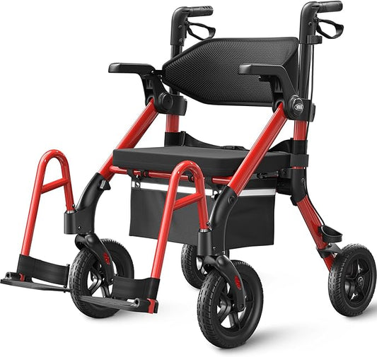 VOCIC Walkers for Seniors, Z55 2 in 1 Walker Wheelchair Combo, No-Bend Footrest, Rollator with 10" All Terrain Big Wheels, Transport Wheelchair Foldable, Rollator with Seat & Brakes, Storage Bag