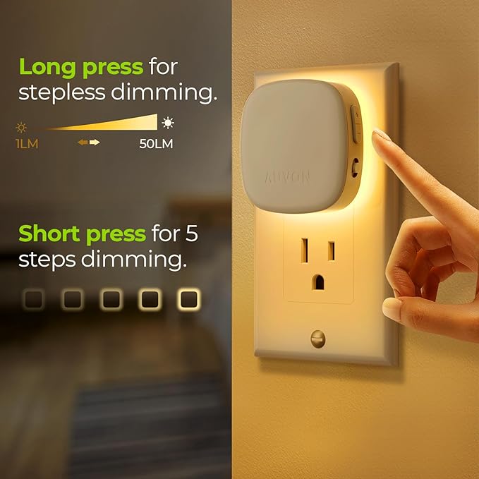 AUVON 4 X Plug-in LED Backlit Night Light with Motion & Dusk to Dawn Sensor | 2200K Soft Warm White Nightlight with 1-50lm Dimmable Brightness for Adults & Kids' Bedroom, Bathroom, Hallway