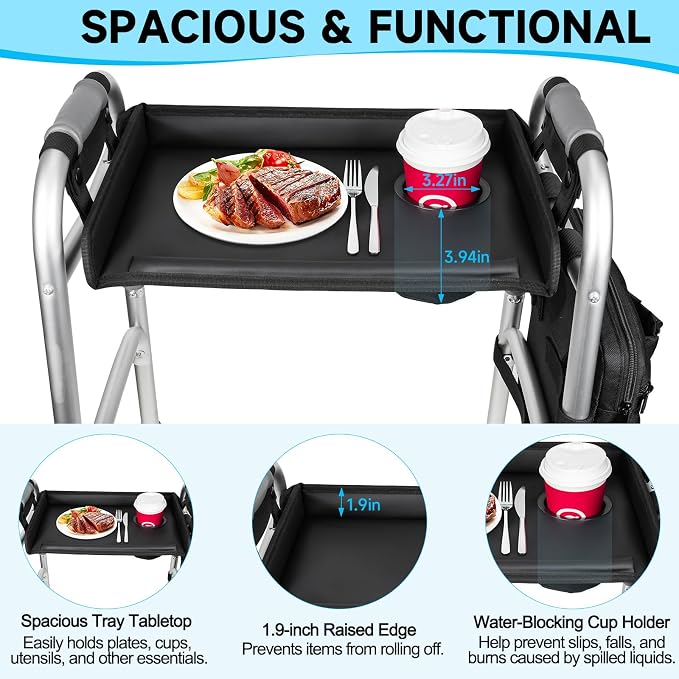 Walker Tray for Folding Walkers with Cup Holder & Side Bag, Adjutable Walker Tray Table Fits Most Standard Walkers, Non-Slip & Easy-Clean Leather Surface, Removable & Easy Assembly