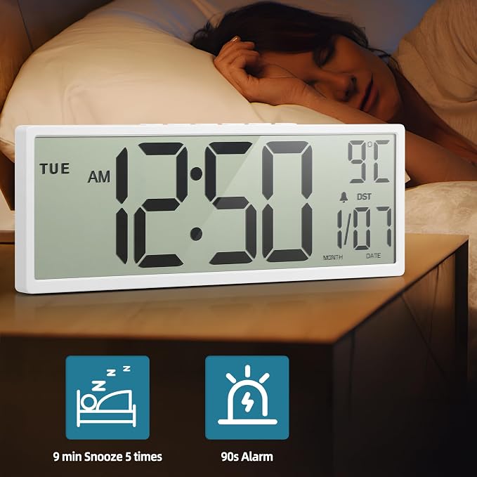 15" Large Digital Wall Clock Battery Operated Black, Clock with Large Display Numbers, Calendar, Auto DST, Clocks for Living Room, Kitchen, Office, Bedroom