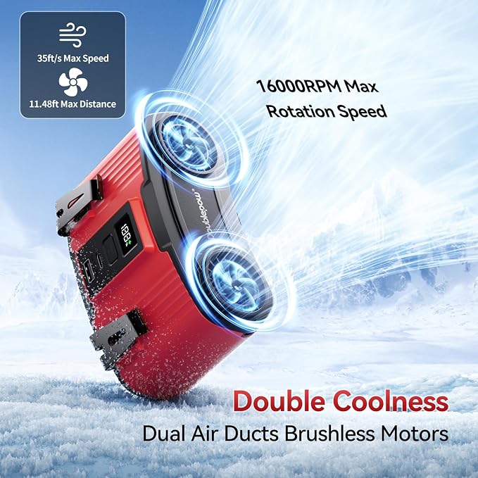 Doublepow 24000mAh Portable Waist Fan, Personal Fan, Dual Air Ducts Motors, Rechargeable Clip On Belt for Working, 10 Speeds 45H Wearable Neck Cooling, for Outdoor Work Travel, Power Outage (Red)﻿