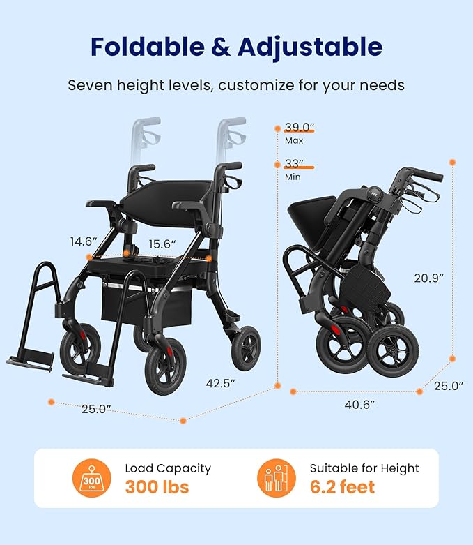 VOCIC Walkers for Seniors, Z55 2 in 1 Walker Wheelchair Combo, No-Bend Footrest, Rollator with 10" All Terrain Big Wheels, Transport Wheelchair Foldable, Rollator with Seat & Brakes, Storage Bag