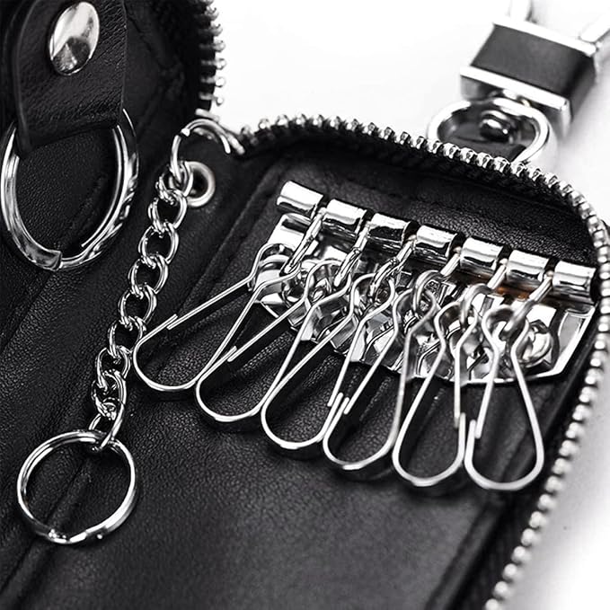 WESTONETEK Unisex Mens Womens Premium Leather Car Key Holder Bag Keychain Case Wallet with 6 Hooks Zipper Closure