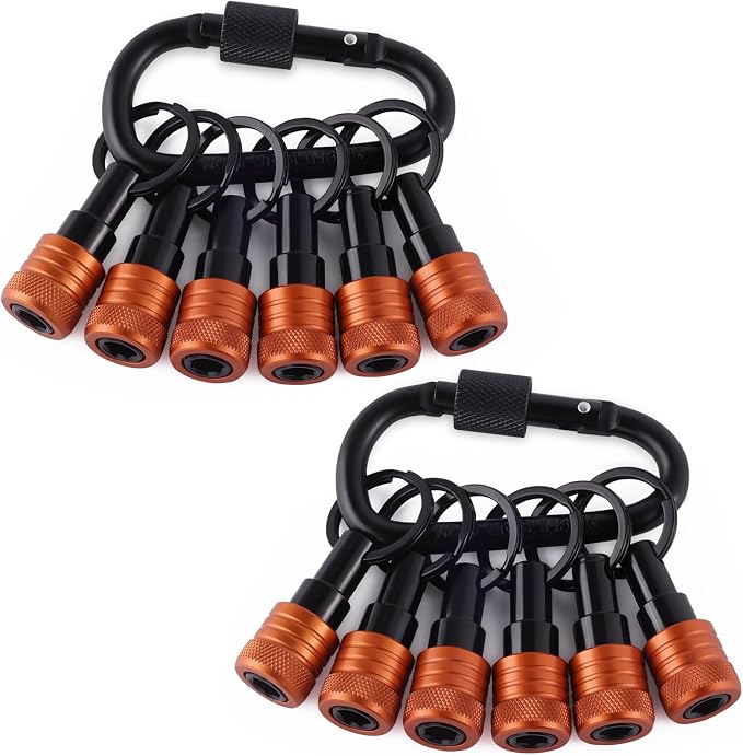 Bit Holder Keychain 12 Pcs, 1/4-Inch Hex Shank, Quick Release, Orange | Aluminum Alloy, Impact Drivers, Drill Bits, Tool Belt Use, Carabiner Clip, One-Handed Operation, Ball Lock, Compact Organizer