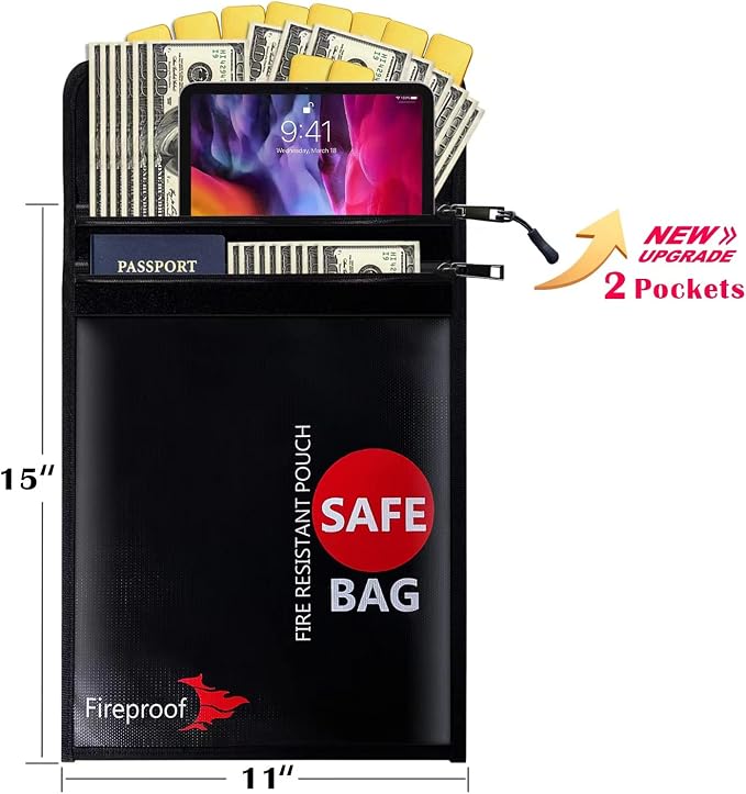 COLCASE Fireproof Document Bag 2 Pockets Fireproof and Waterproof Bag | 2000 ℉ 15 x 11 Inches Silicone Fiberglass Coated Fireproof Bag Black