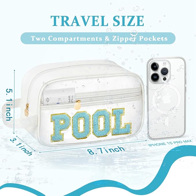 COSHAYSOO Clear POOL Makeup Bag Small Travel Pouch for Women Teenager Girls Pool Accessories Stuff Organizer Preppy Chenille Letter Patch Summer Girly Things