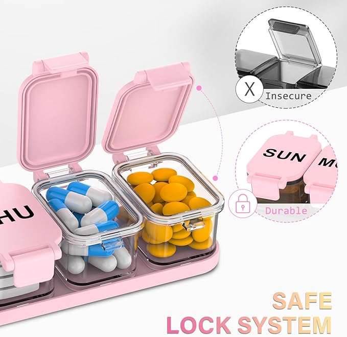 2-Pack Extra Large Weekly Pill Organizer, Travel Pill Box 7 Days, XL Vitamin Holder with 7 Detachable Compartments, Protable Medicine Organizer for Home and Travel