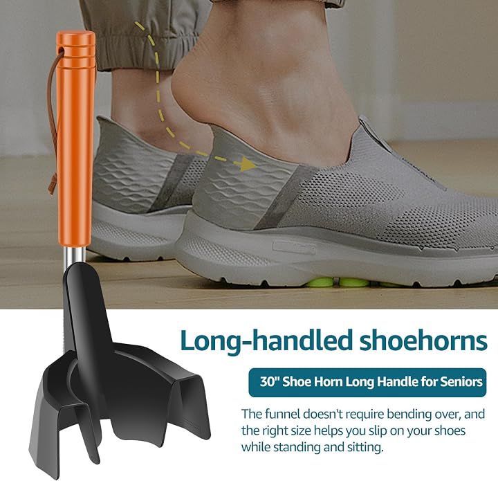 30 Inch Shoe Horn Long Handle for Seniors, Telescopic Shoe Horn, Adjustable Shoe Horn, Shoe Funnel with Extended Handle, Funnel Shoehorn Helper, Senior Shoehorn Assist Tool for Casual Sport Shoe