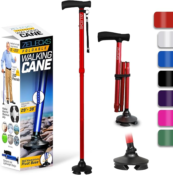 ZELECKS Walking Cane for Women & Men - Self Standing Adjustable Folding Cane with T Handle and 360 Pivot Base - Lightweight Foldable Walking Stick for Seniors - Collapsible Cane for Walking