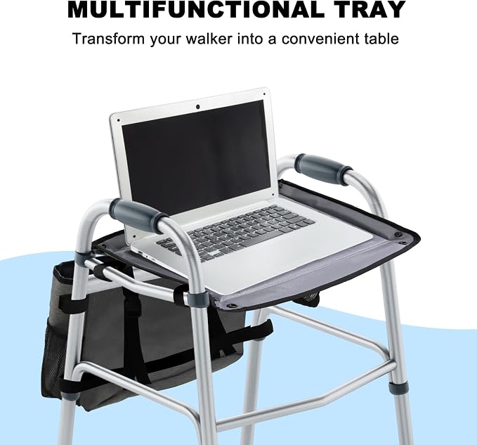 Walker Basket with Tray, Walker Tray for Folding Walker, Walker Accessories for Seniors, Non-Slip Surface, Universal Fit for Standard Walkers, Ideal for Meals, Drinks & Reading(Grey)