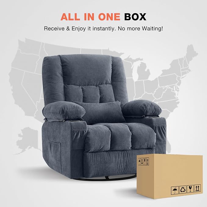 Massage Swivel Rocker Recliner Chair with Vibration Massage and Heat Ergonomic Lounge Chair for Living Room with Rocking Function and Side Pocket, 2 Cup Holders, USB Charge Port