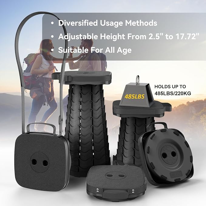 2026 Upgraded Portable Folding Stool, Collapsible Stool, Telescoping Camping Stool with Max Load Capacity 485lbs, Square Retractable Seat for Camping Gardening Fishing Hiking BBQ[Black]