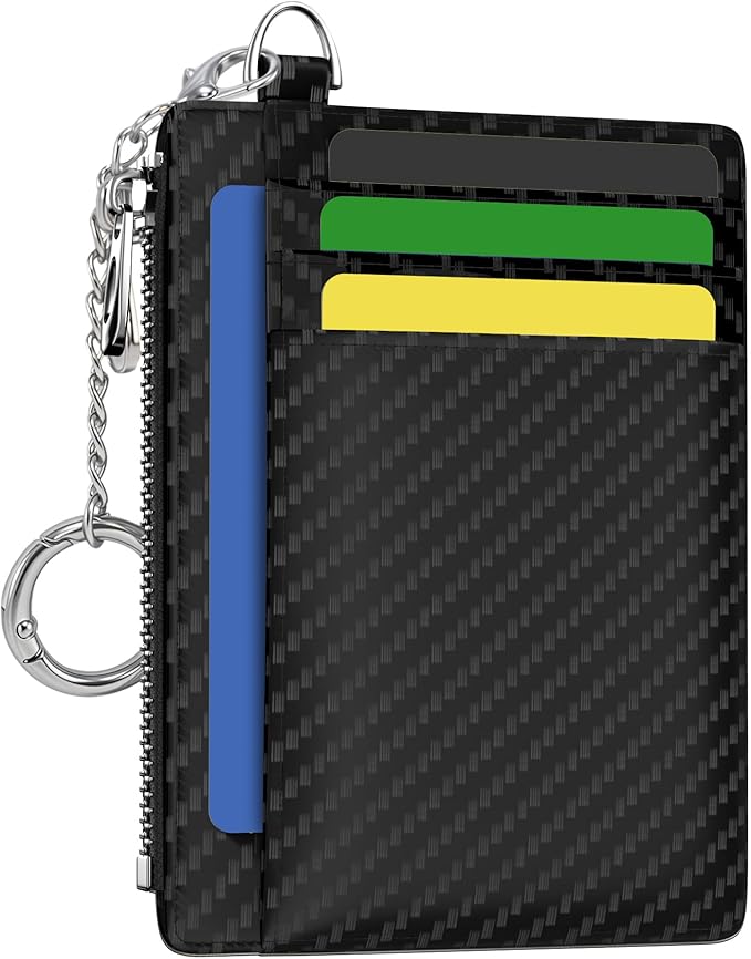 Hancynir Minimalist Black Small Wallet Men Credit Card Holder, Slim RFID | Zipper Keychain Wallet, Key Chain, Travel Coin Front Pocket, Women Mens Gifts, Thin Card Case, 6 Card Slots, PU Leather