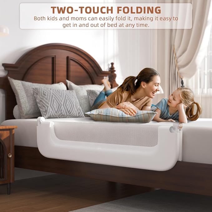 FigTime Bed Rail for Toddlers, Baby Bed Rail Guard for Kids, Toddler Bed Rails with Reinforced Anchor Fit, Height Adjustable & Foldable Bed Rail Guard for Twin, Full, Queen & King Beds (White, 48IN)