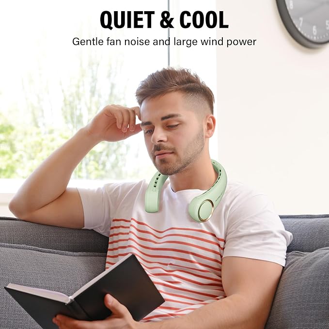 Jancane Portable Neck Fan, USB Rechargeable Personal Fan, 3 Speeds Adjustable, Large air outlet Powerful Strong Wind, Adjustable, 360° Cooling, Super Quiet, No Blade Design, No Hair Twisting,(Green)