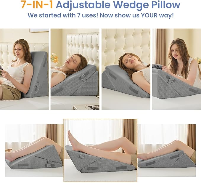 Sasttie Wedge Pillow for After Surgery, Adjustable Bed Wedge Pillow Headboard for Acid Reflux, Sleeping, Neck & Back Support, with Removable Cover, Dark Grey