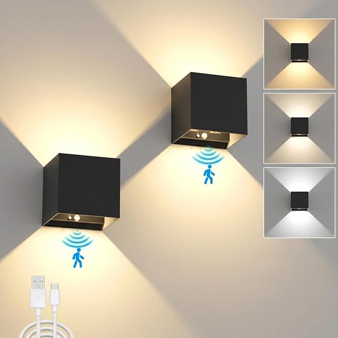 Battery Operated Wall Sconce Set of 2, 12W Motion Sensor Light Indoor, 6000mAh Wall Lights Rechargeable, 3 Colors Adjustable, LED Wall Lamp for Living Room Bedroom Hallway Decor, Black