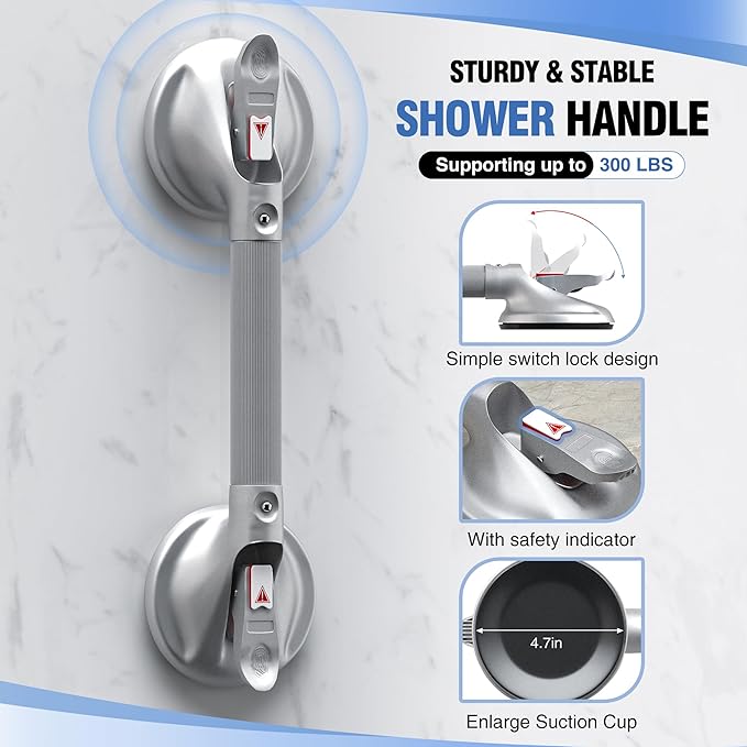 DAILYLIFE Grab Bars for Bathtubs and Showers, 15 inch Shower Handles for Elderly Suction, 300lbs Safety Shower Grab bar for Seniors and Elderly, Silver(2 Pack)