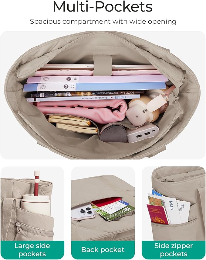 BAGSMART Crush Tote Bag for Women, 20L Puffer Work Tote with Zipper | Quilted Nurse Hospital Bag For Travel College Gym
