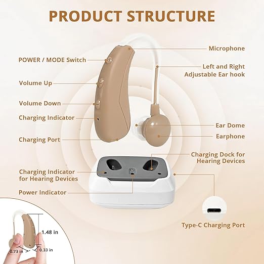 Hearing Aids For Seniors - Rechargeable Hearing Amplifier For Seniors Noise Reduction,4 Modes,Adjustable Volume, Comfort Design and Nearly Invisible,Behind The Ear,With Charging case（Dark Beige）