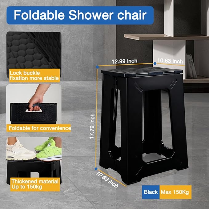 Foldable Waterproof Plastic Shower Chair, Anti-Slip Design, Space-Saving Foldable Storage, 330lbs Weight Capacity, Black