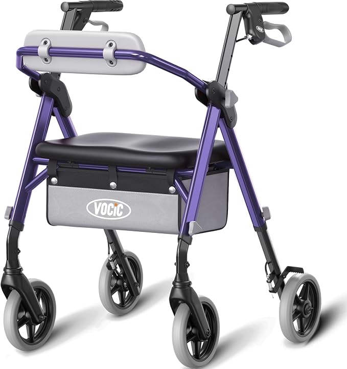 VOCIC Z11 Rollator Walker for Seniors with Seat, 380 LBS | Lightweight Design with Ergo Seat & Backrest, Height Adjustable & Easily Foldable for Seniors' Mobility, Blue