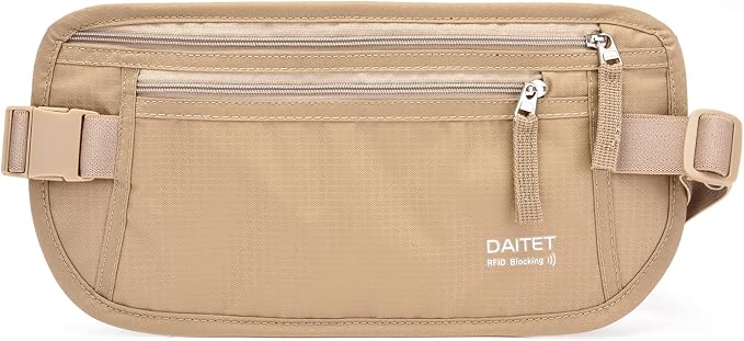 Money Belt - Passport Holder Secure Hidden Travel Wallet with RFID Blocking, Undercover Fanny Pack (Beige)