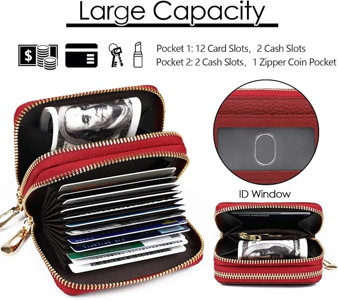 imeetu RFID Credit Card Holder, Small Card Wallet Women, Leather Card Case | Genuine Leather Women's Card & id Cases, Change Coin Purse with Zipper Keychain id Window, 20 Colors & 3 Styles, Daily, Gifts